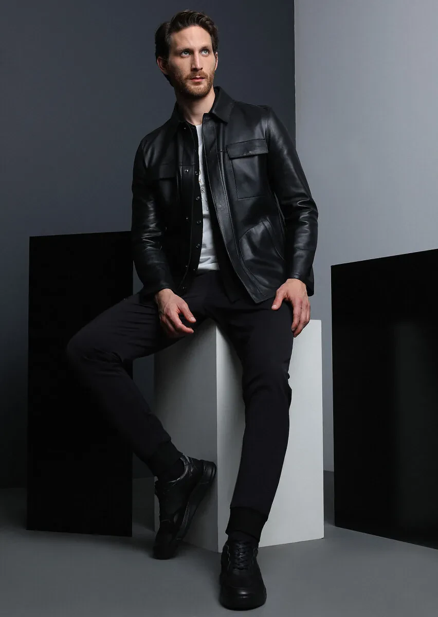 Siyah Regular Fit Gömlek Yaka Casual Deri Deri Mont - 1