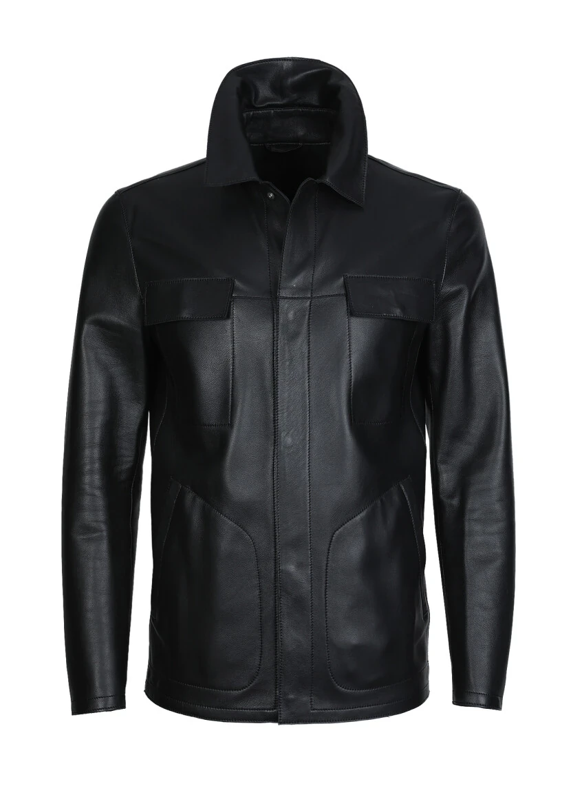 Siyah Regular Fit Gömlek Yaka Casual Deri Deri Mont - 6