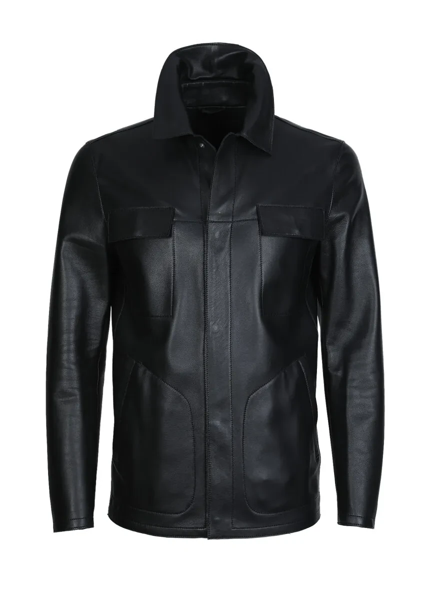 Siyah Regular Fit Gömlek Yaka Casual Deri Deri Mont - 6