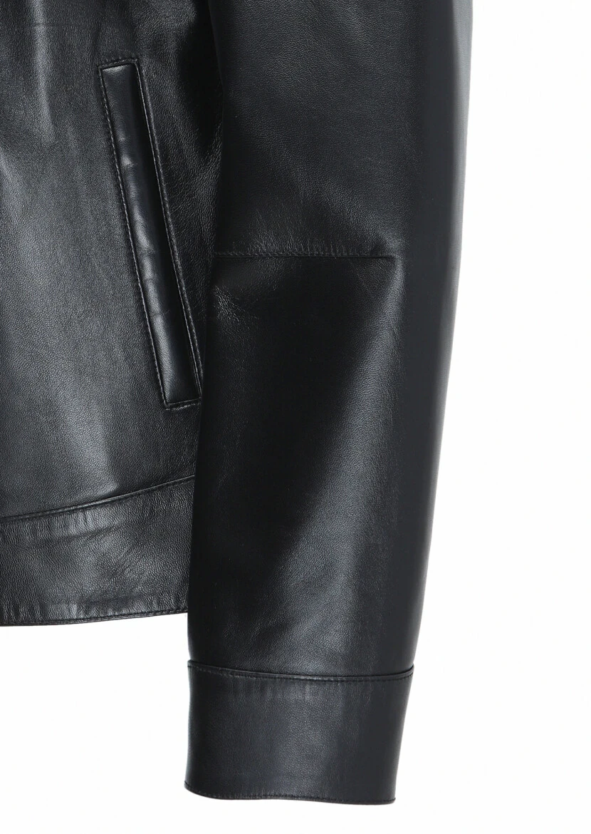 Siyah Regular Fit Gömlek Yaka Casual Deri Deri Mont - 3