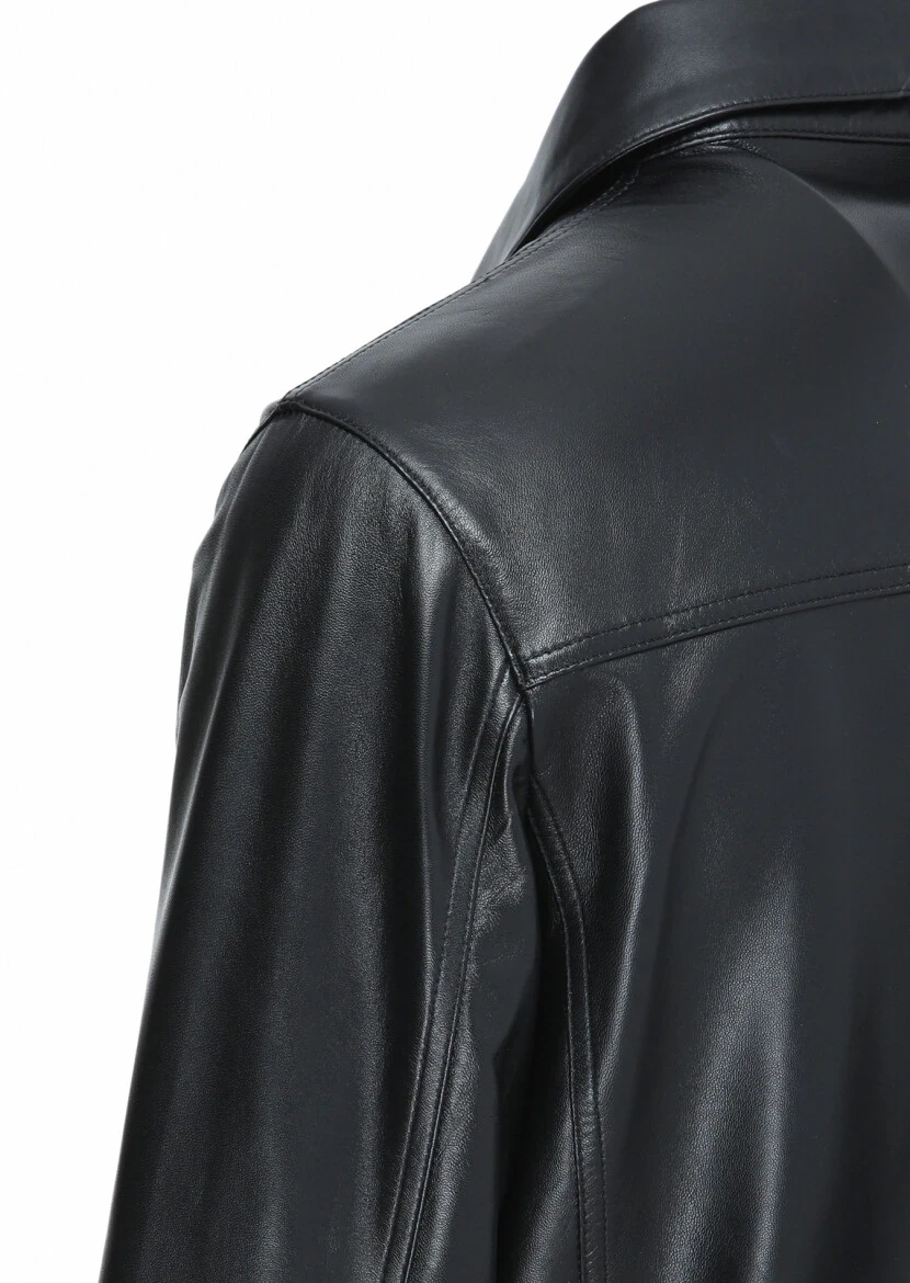 Siyah Regular Fit Gömlek Yaka Casual Deri Deri Mont - 5