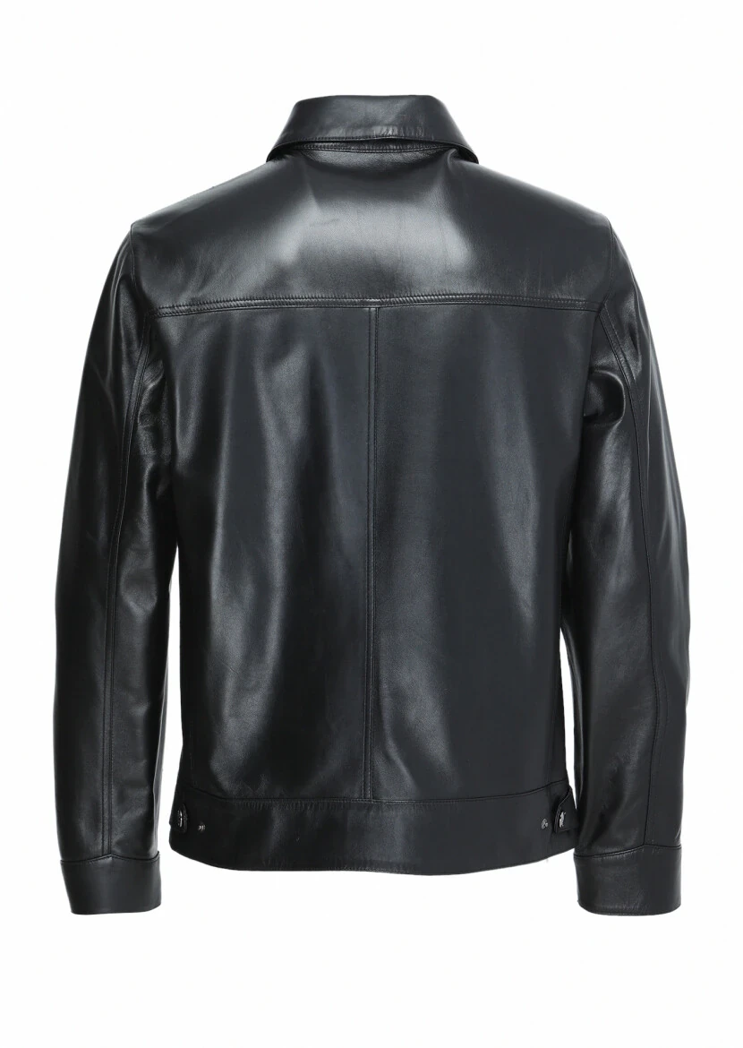 Siyah Regular Fit Gömlek Yaka Casual Deri Deri Mont - 6