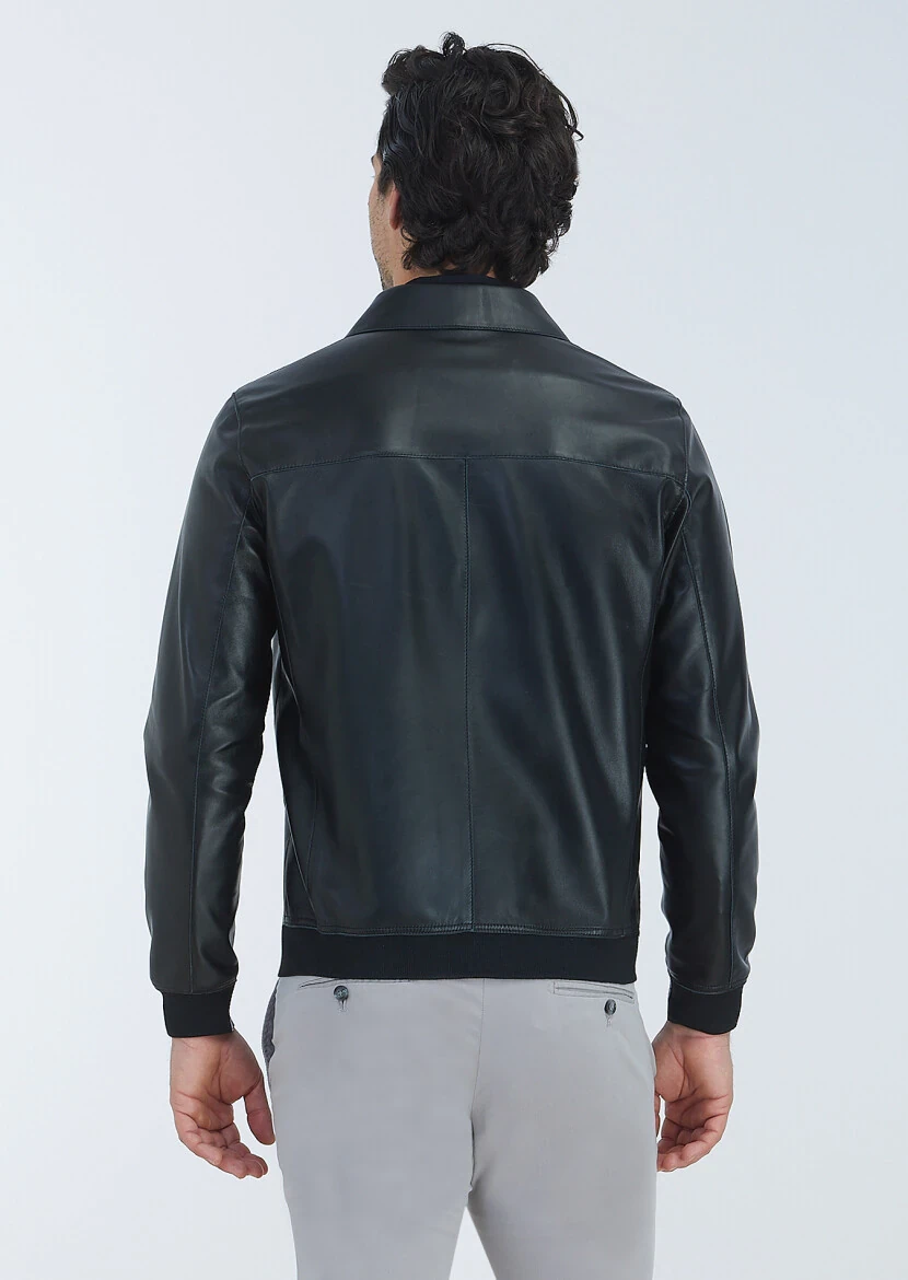 Siyah Regular Fit Gömlek Yaka Casual Deri Deri Mont - 5