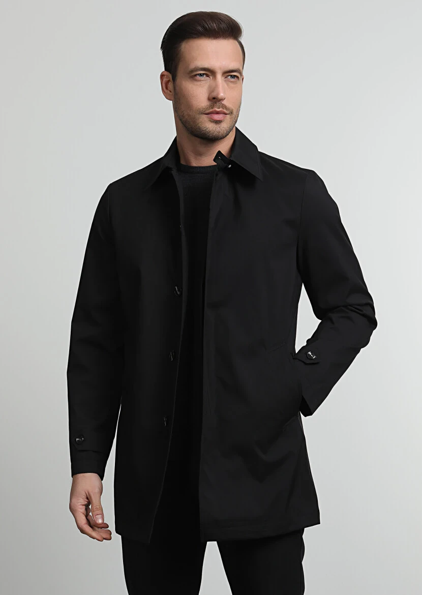 Siyah Regular Fit Gömlek Yaka Casual Dokuma Pardesü - 1