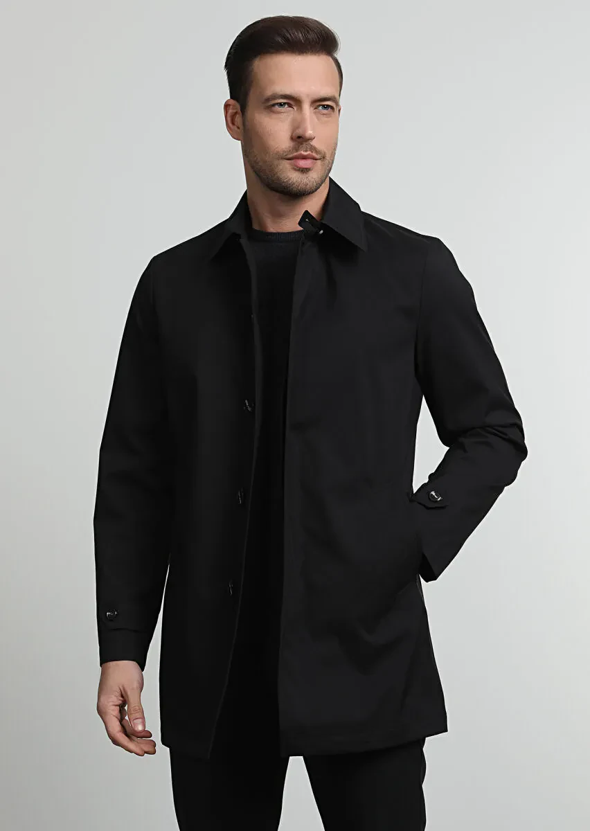 Siyah Regular Fit Gömlek Yaka Casual Dokuma Pardesü - 1