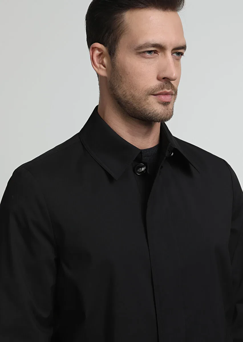 Siyah Regular Fit Gömlek Yaka Casual Dokuma Pardesü - 2