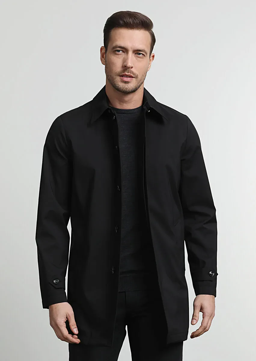 Siyah Regular Fit Gömlek Yaka Casual Dokuma Pardesü - 3