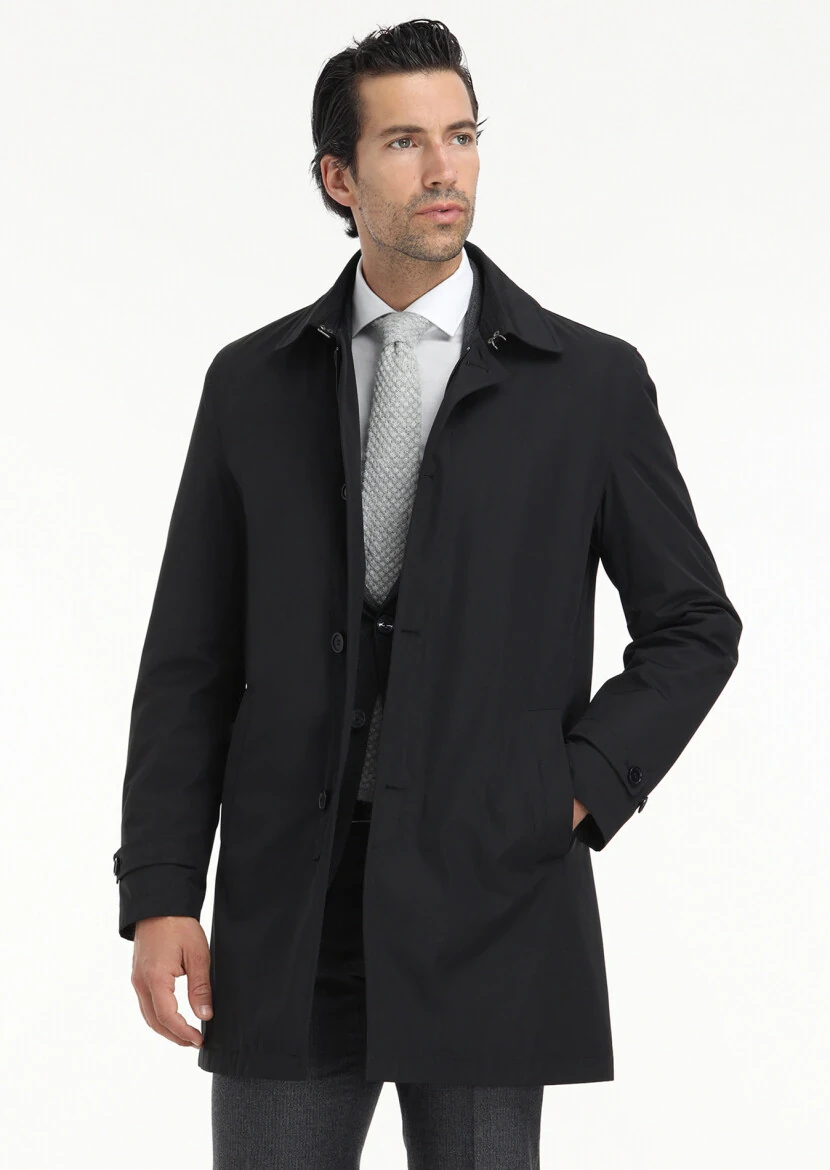 Siyah Regular Fit Gömlek Yaka Casual Dokuma Pardesü - 4