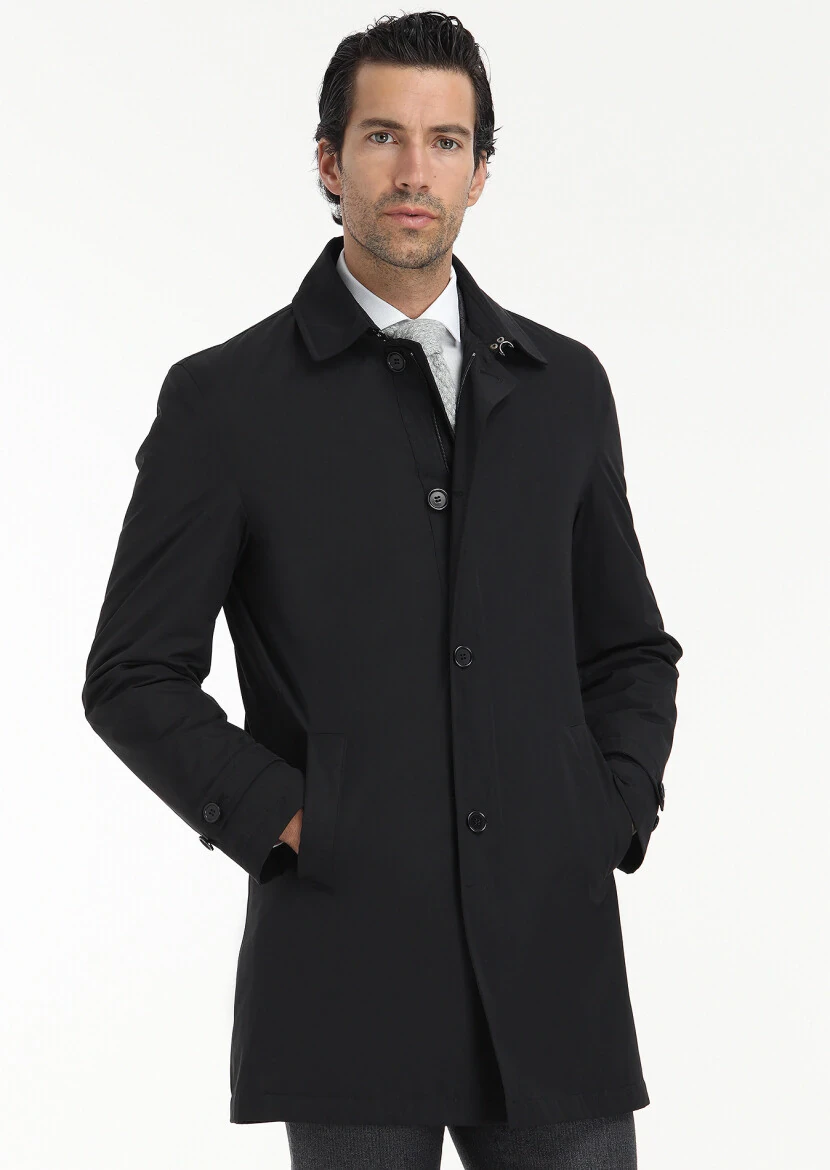 Siyah Regular Fit Gömlek Yaka Casual Dokuma Pardesü - 5