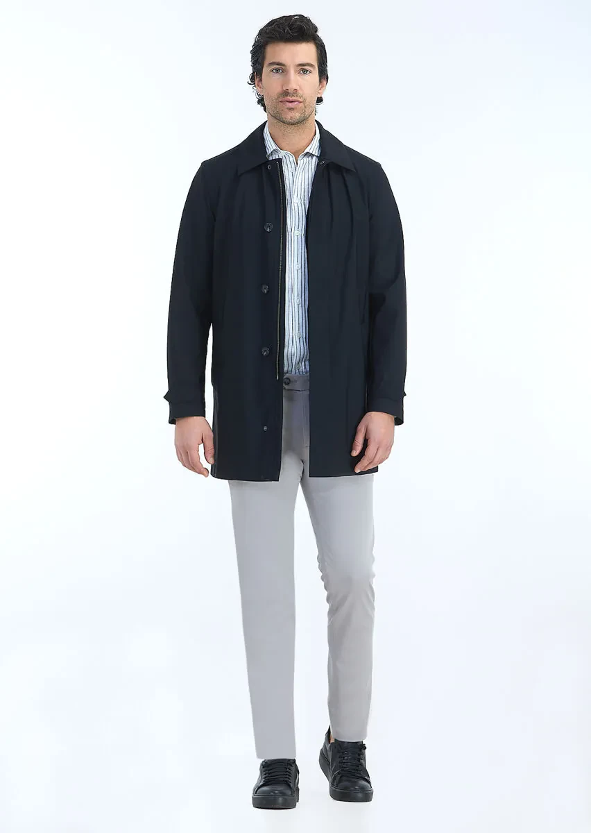 Siyah Regular Fit Gömlek Yaka Casual Dokuma Pardesü - 1