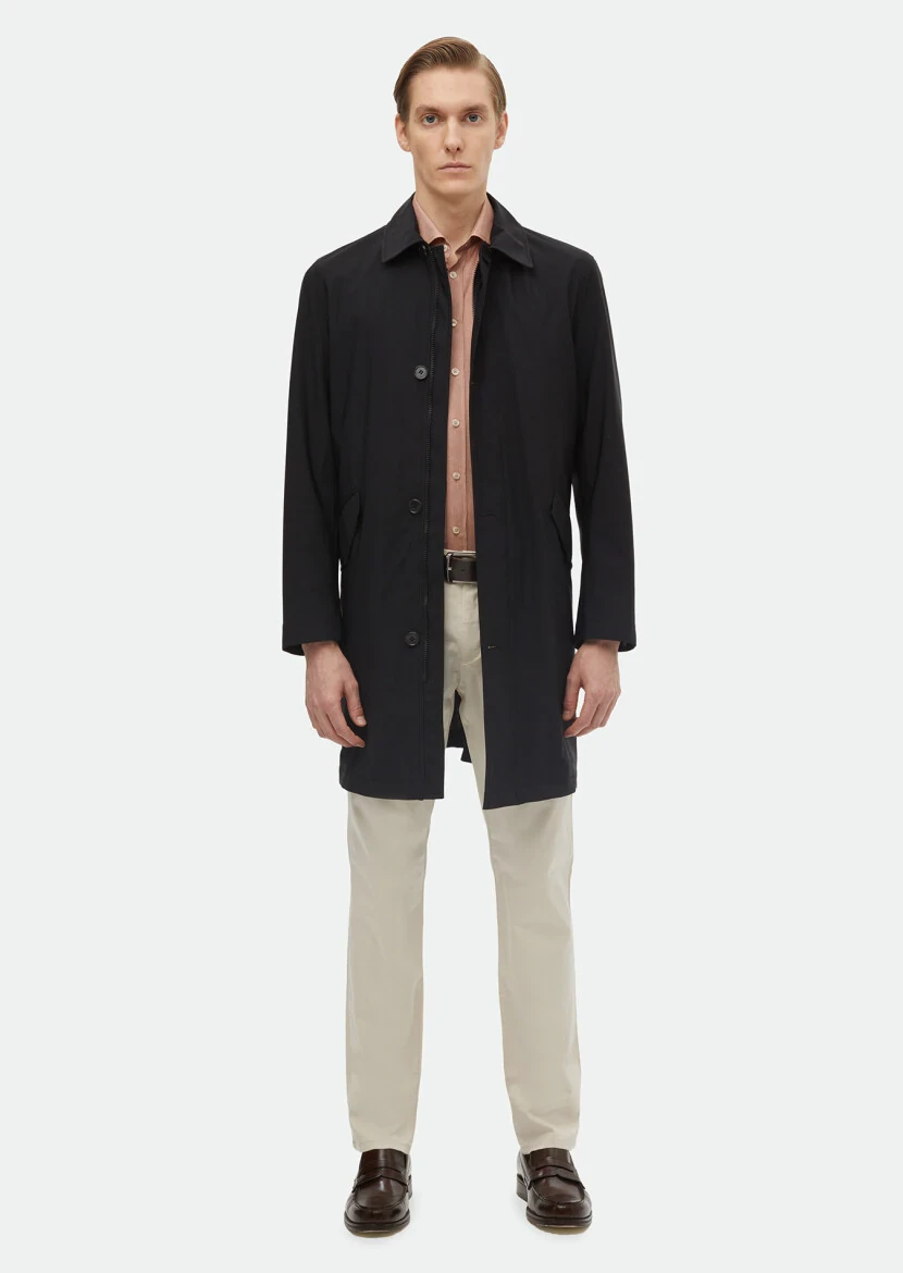 Siyah Regular Fit Gömlek Yaka Casual Dokuma Pardesü - 1