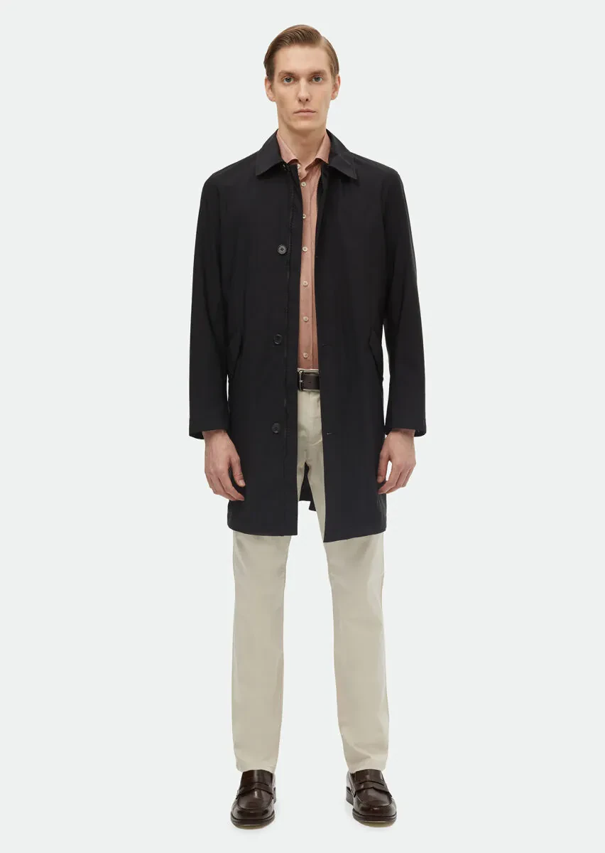 Siyah Regular Fit Gömlek Yaka Casual Dokuma Pardesü - 1