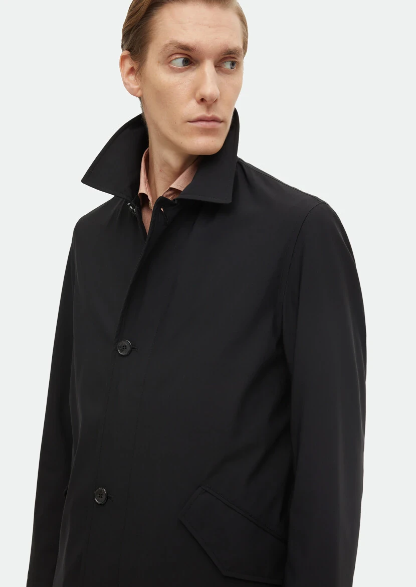 Siyah Regular Fit Gömlek Yaka Casual Dokuma Pardesü - 4