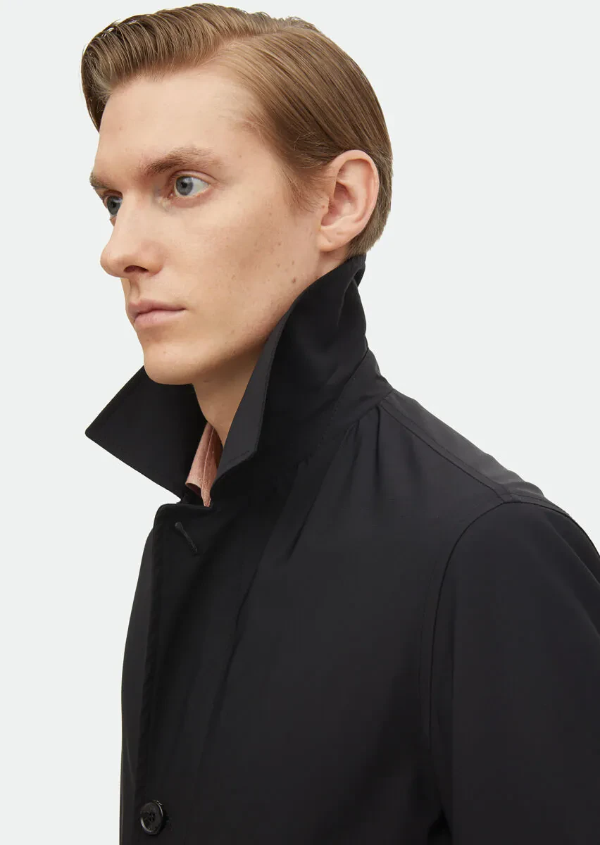 Siyah Regular Fit Gömlek Yaka Casual Dokuma Pardesü - 5