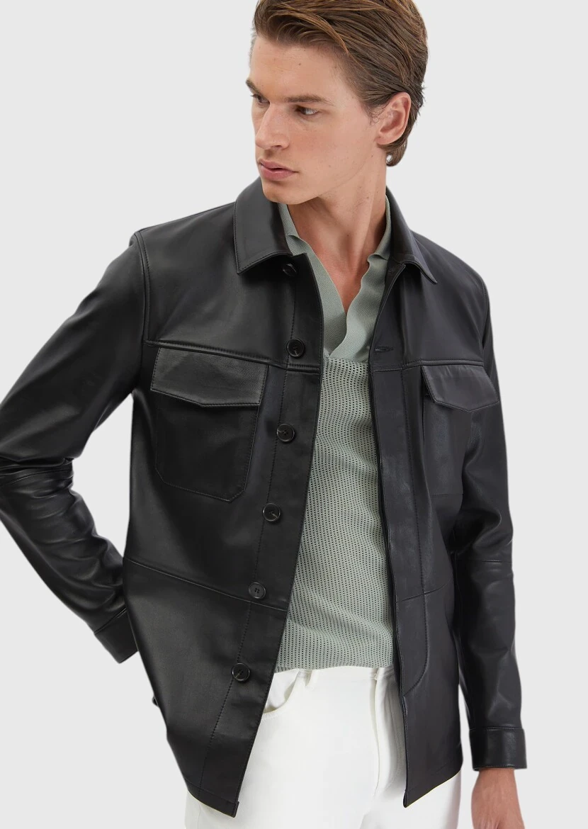 Siyah Regular Fit Gömlek Yaka Casual Koyun Derisi Deri Mont - RAMSEY