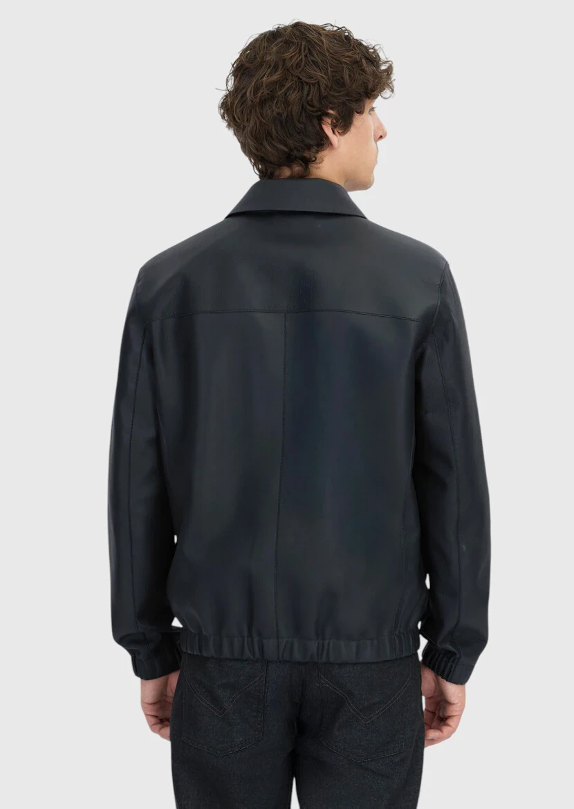 Siyah Regular Fit Gömlek Yaka Casual Koyun Derisi Deri Mont - 6