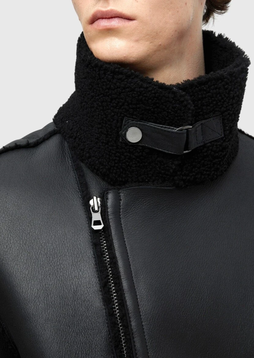 Siyah Regular Fit Gömlek Yaka Casual Kürk Deri Mont - 7