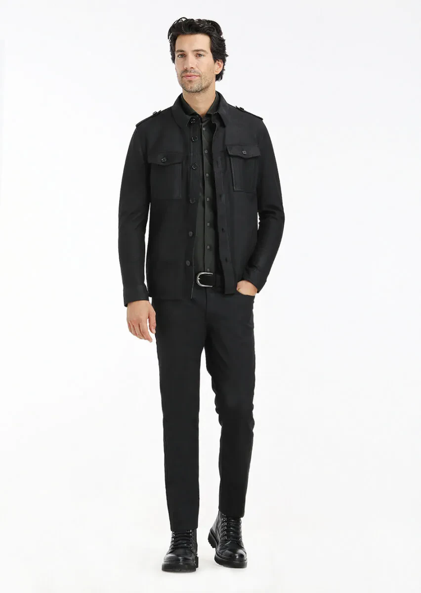 Siyah Regular Fit Gömlek Yaka Casual Süet Deri Mont - 1