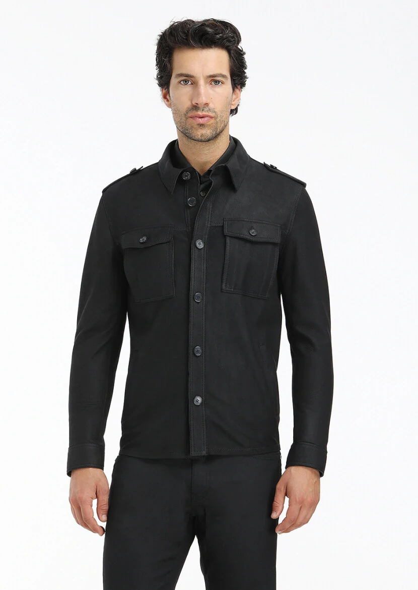 Siyah Regular Fit Gömlek Yaka Casual Süet Deri Mont - 2