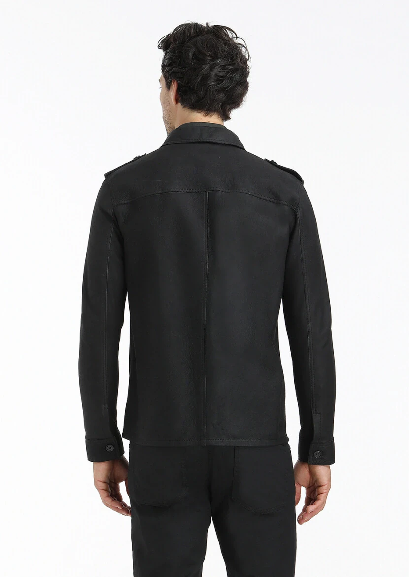 Siyah Regular Fit Gömlek Yaka Casual Süet Deri Mont - 7