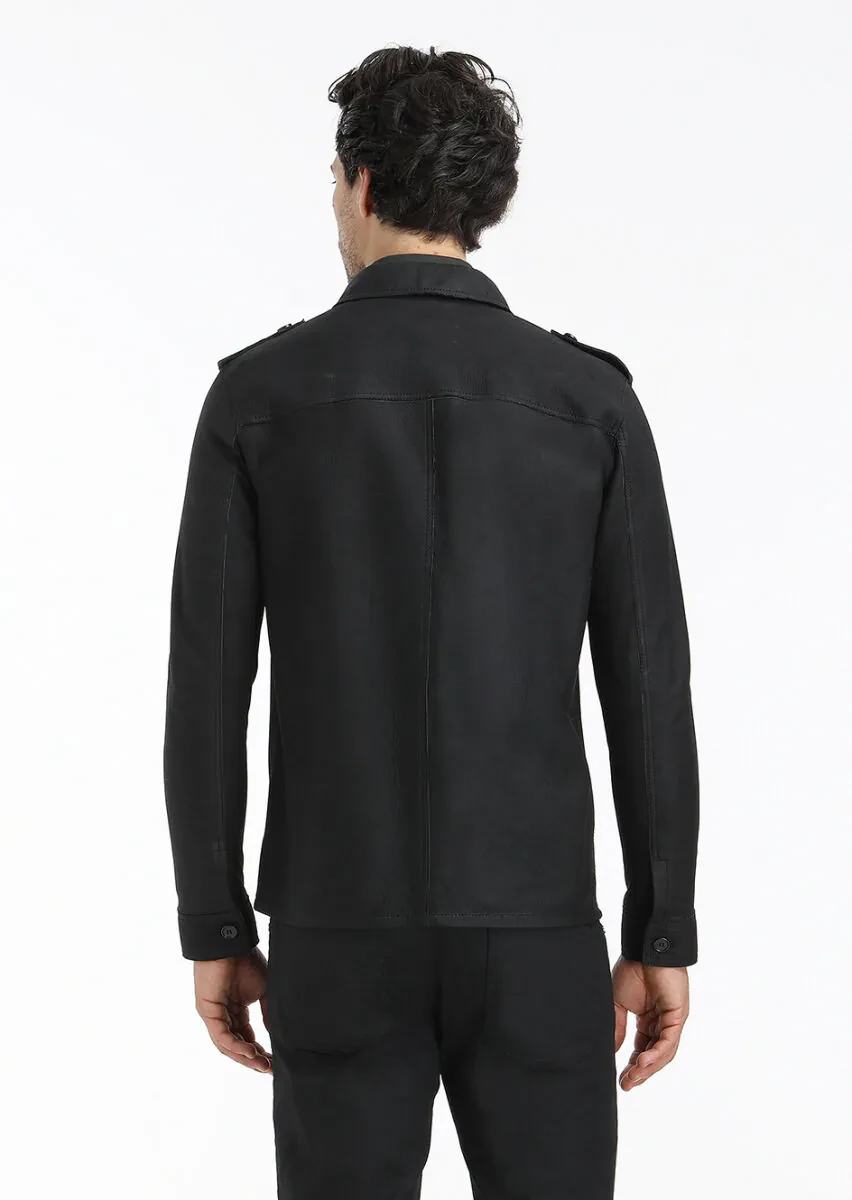 Siyah Regular Fit Gömlek Yaka Casual Süet Deri Mont - 7