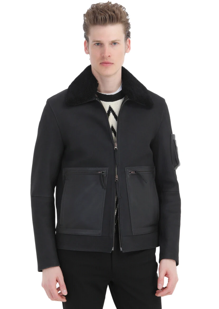 Siyah Regular Fit Gömlek Yaka Casual Süet Deri Mont - RAMSEY