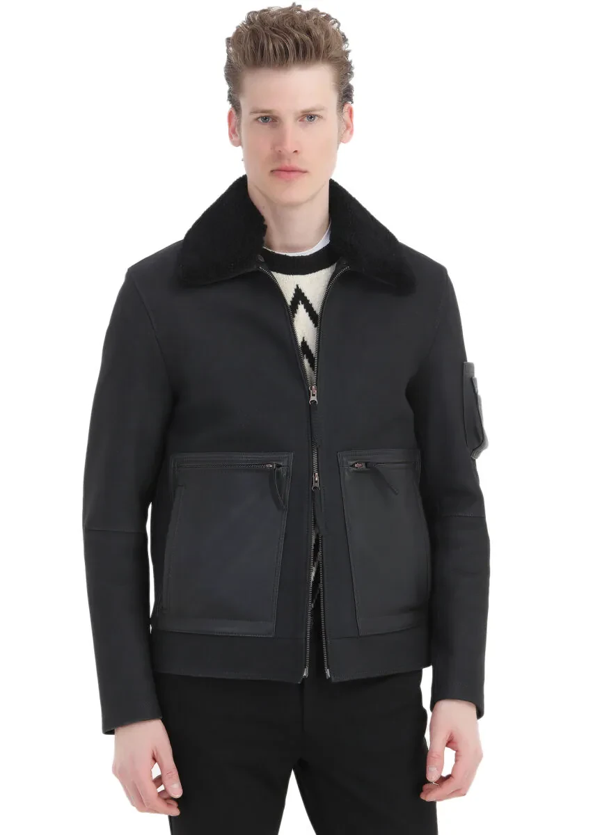 Siyah Regular Fit Gömlek Yaka Casual Süet Deri Mont - 2