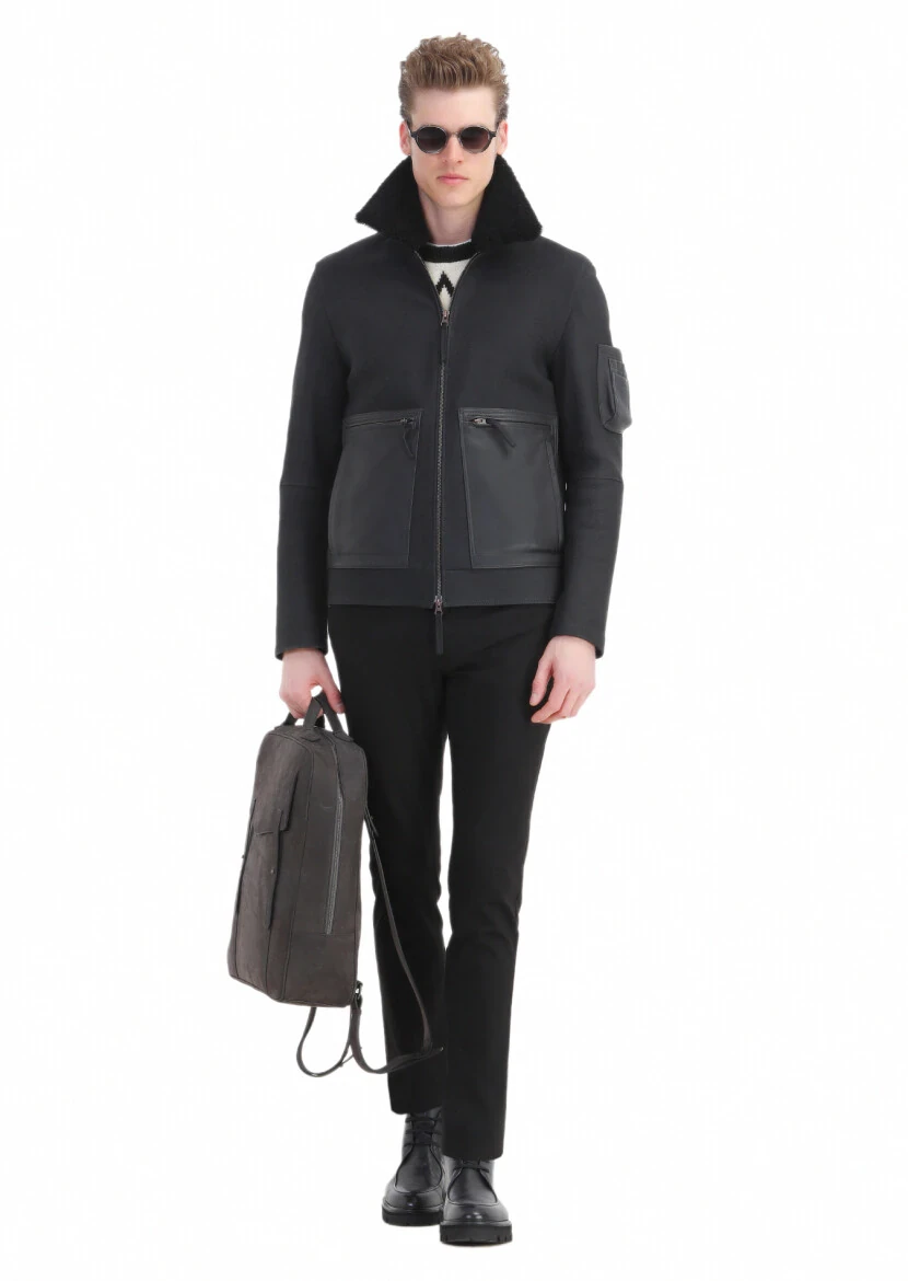 Siyah Regular Fit Gömlek Yaka Casual Süet Deri Mont - 3