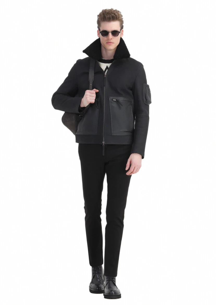 Siyah Regular Fit Gömlek Yaka Casual Süet Deri Mont - 4