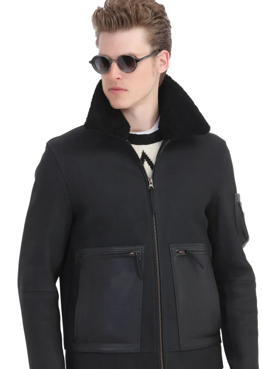 Siyah Regular Fit Gömlek Yaka Casual Süet Deri Mont - 6