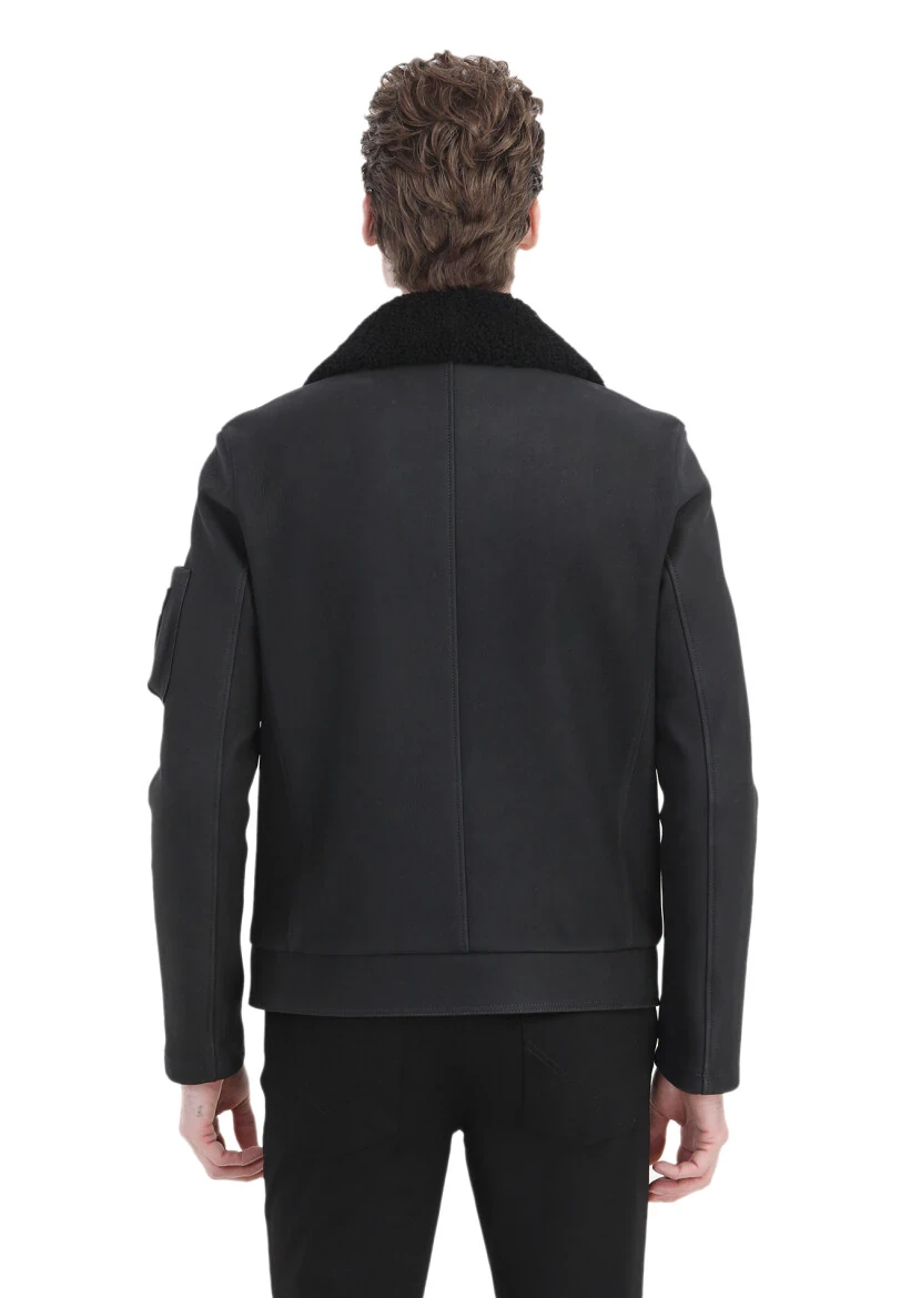 Siyah Regular Fit Gömlek Yaka Casual Süet Deri Mont - 8