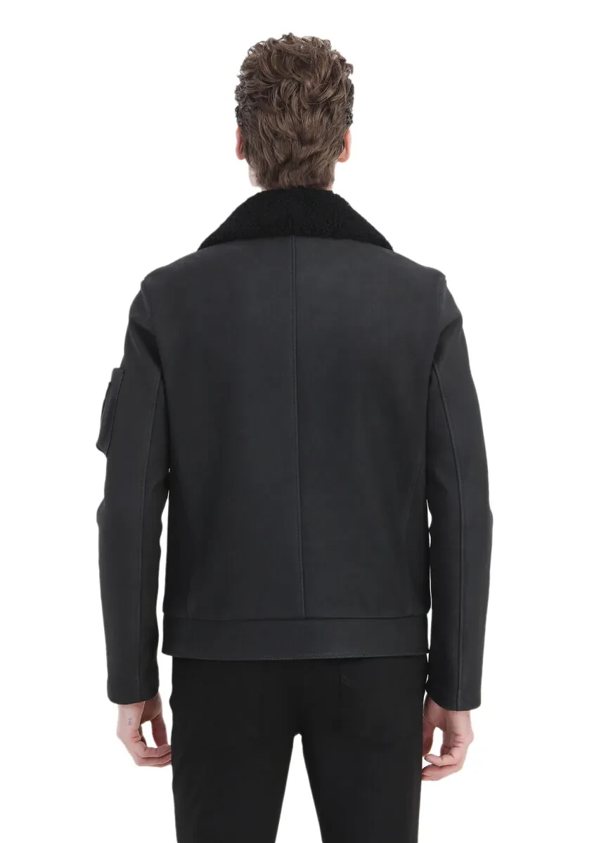 Siyah Regular Fit Gömlek Yaka Casual Süet Deri Mont - 8