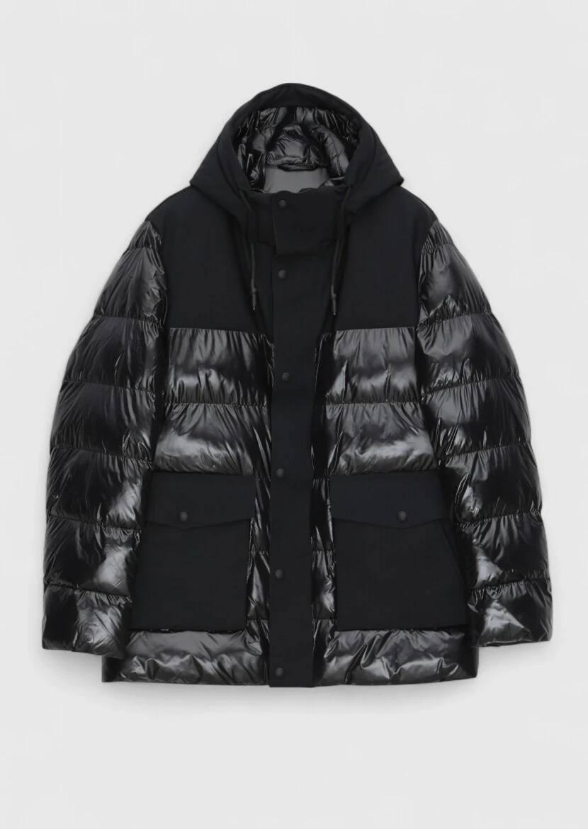 Siyah Regular Fit Kapüşonlu Casual Dokuma Kaban - 7