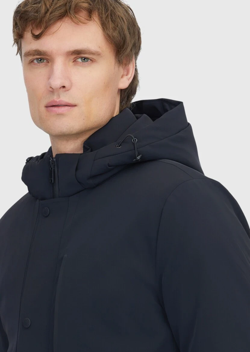 Siyah Regular Fit Kapüşonlu Casual Dokuma Kaban - 3