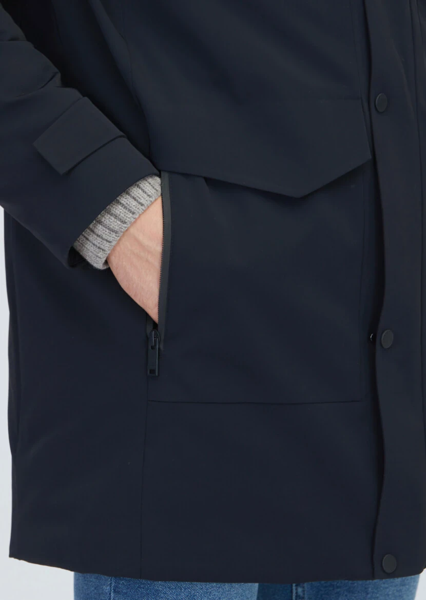 Siyah Regular Fit Kapüşonlu Casual Dokuma Kaban - 4