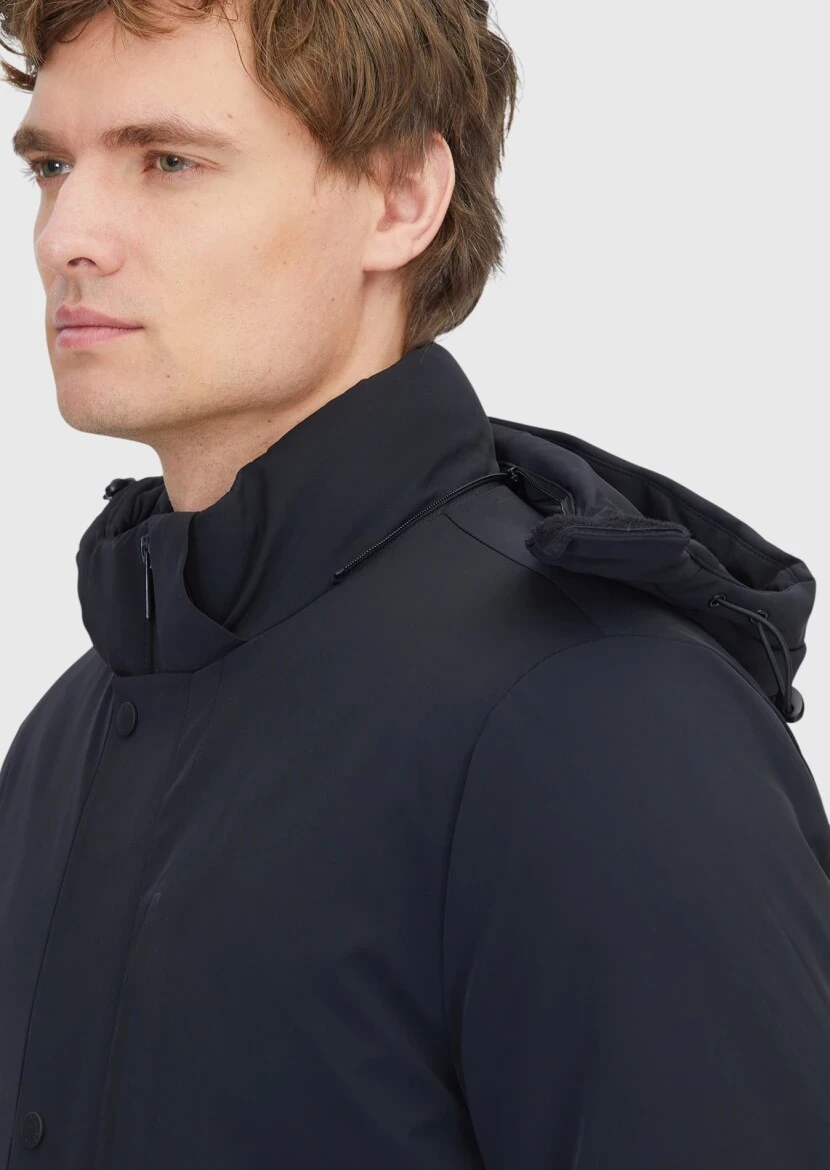 Siyah Regular Fit Kapüşonlu Casual Dokuma Kaban - 5