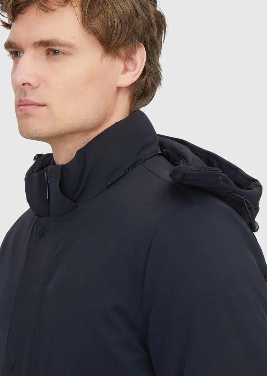 Siyah Regular Fit Kapüşonlu Casual Dokuma Kaban - 5