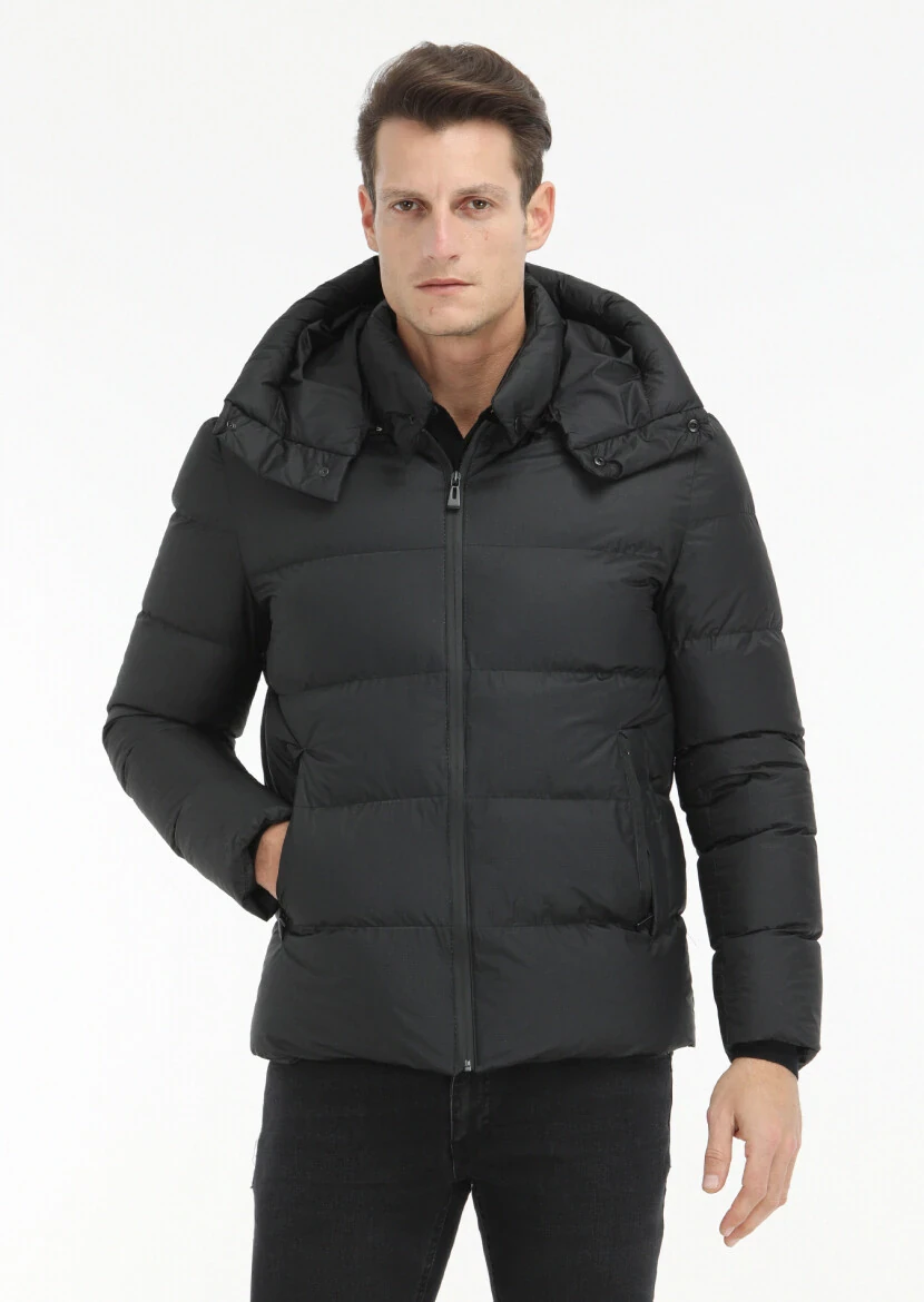 Siyah Regular Fit Kapüşonlu Casual Dokuma Mont 