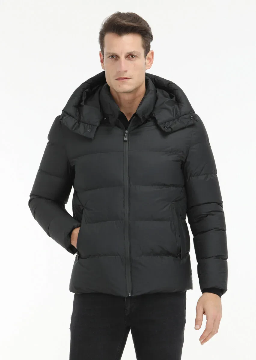 Siyah Regular Fit Kapüşonlu Casual Dokuma Mont - 2