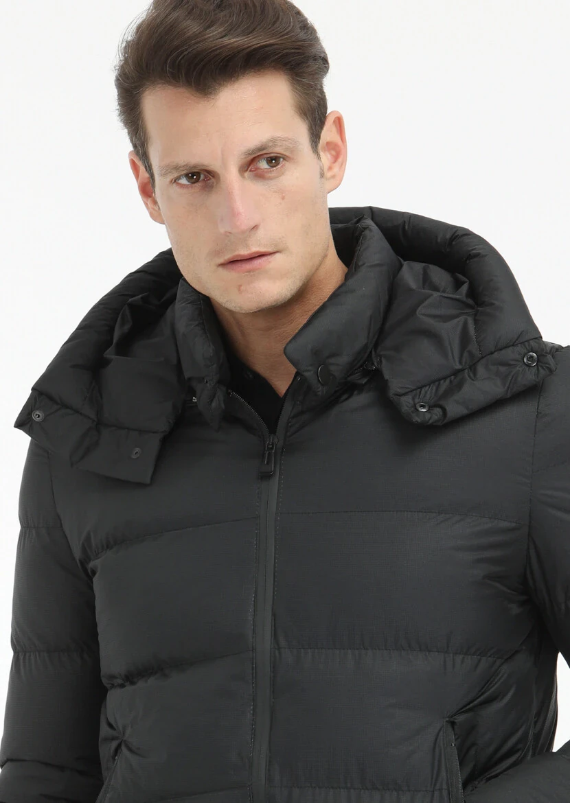 Siyah Regular Fit Kapüşonlu Casual Dokuma Mont - 3