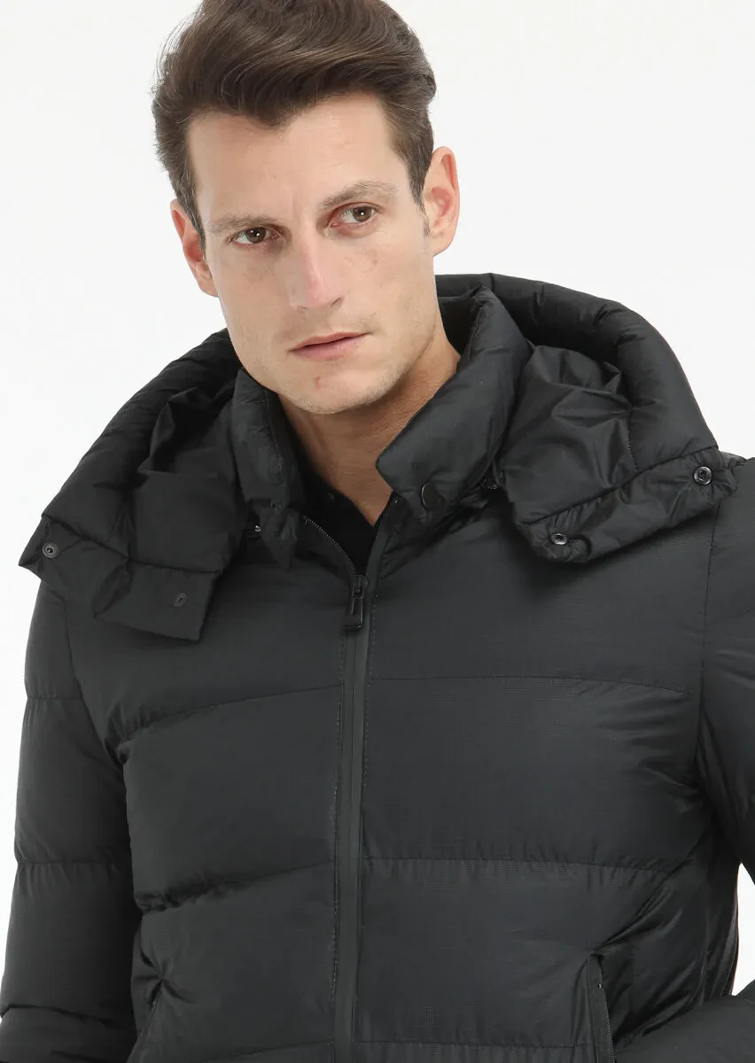 Siyah Regular Fit Kapüşonlu Casual Dokuma Mont - 3