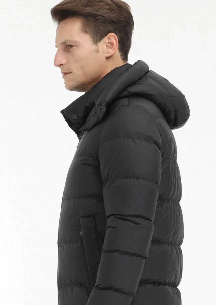 Siyah Regular Fit Kapüşonlu Casual Dokuma Mont - 4