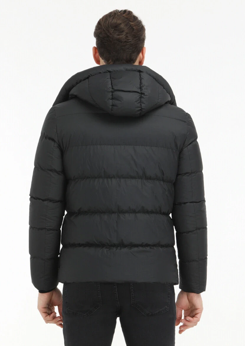 Siyah Regular Fit Kapüşonlu Casual Dokuma Mont - 5