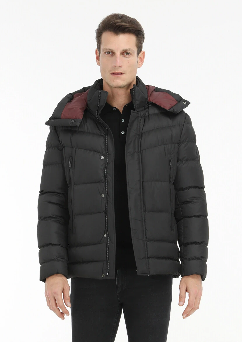 Siyah Regular Fit Kapüşonlu Casual Dokuma Mont 