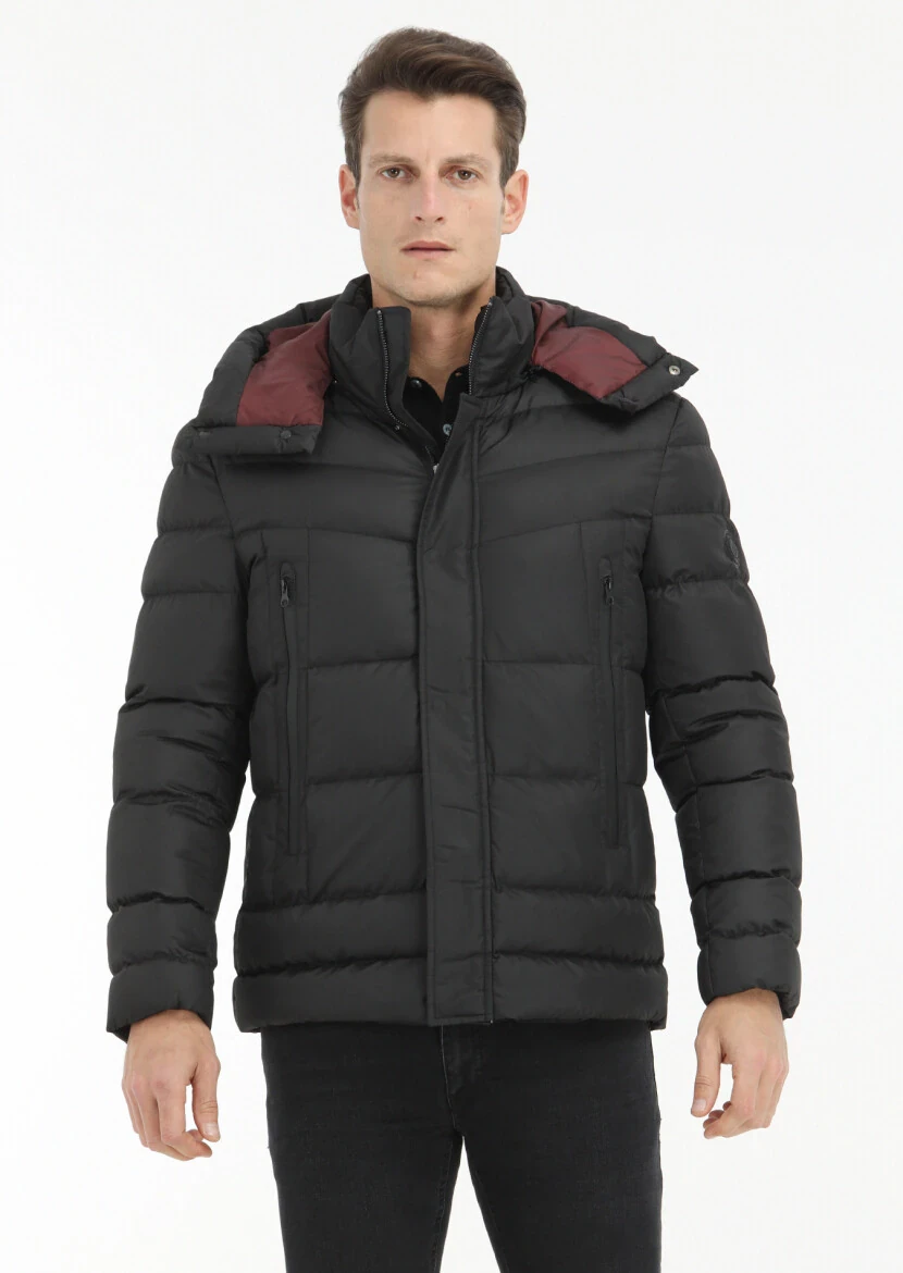 Siyah Regular Fit Kapüşonlu Casual Dokuma Mont - 3