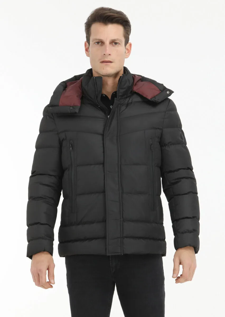 Siyah Regular Fit Kapüşonlu Casual Dokuma Mont - 3