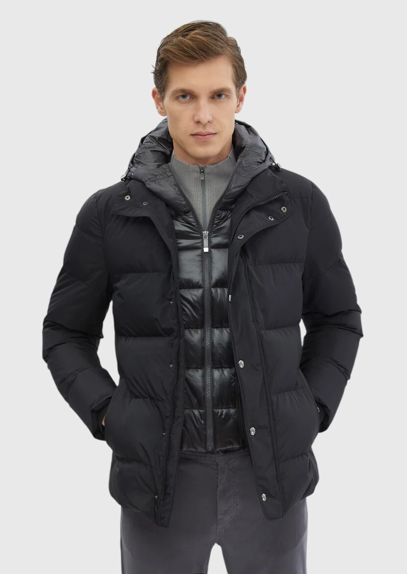 Siyah Regular Fit Kapüşonlu Casual Dokuma Mont - 1