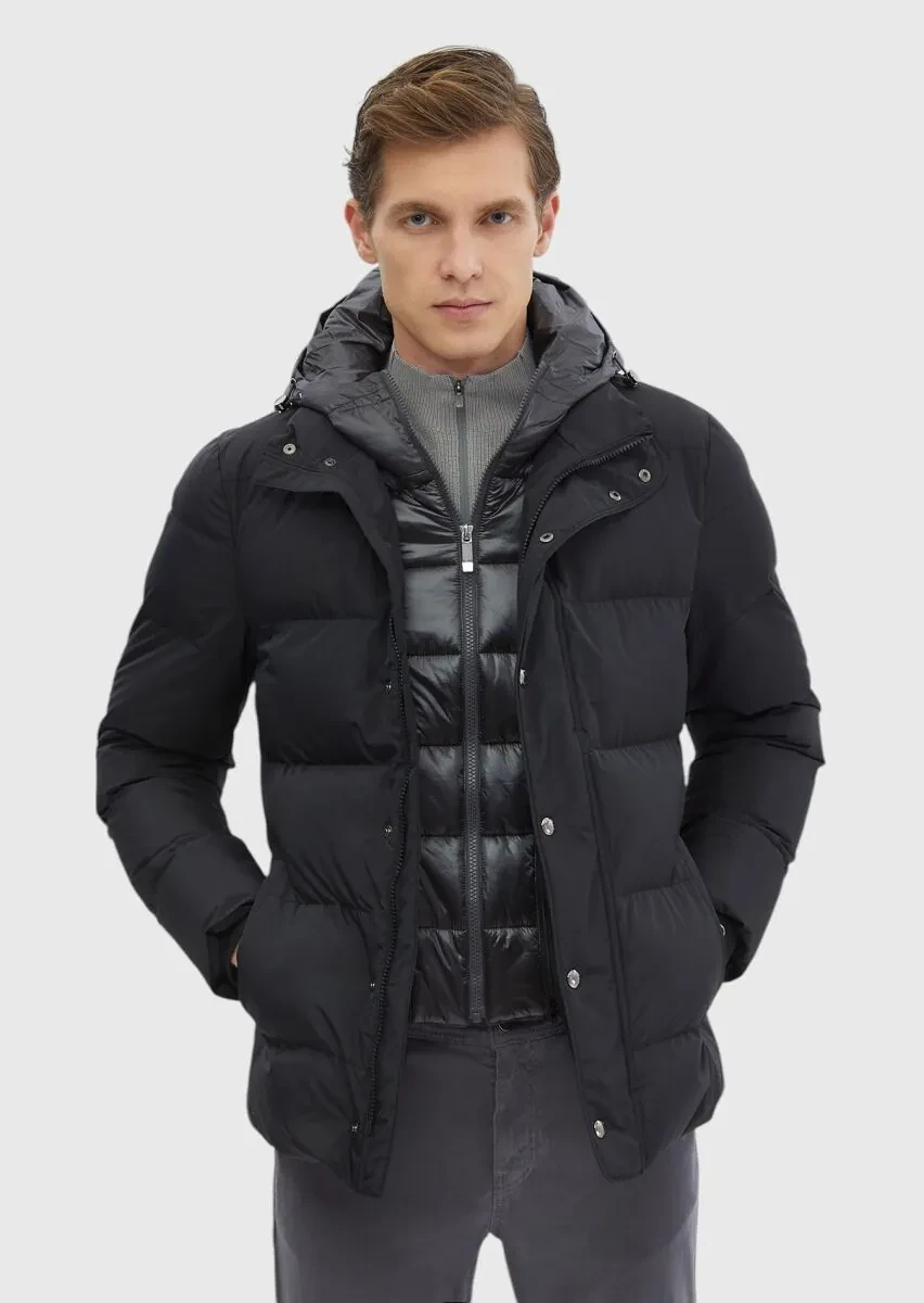 Siyah Regular Fit Kapüşonlu Casual Dokuma Mont - 1