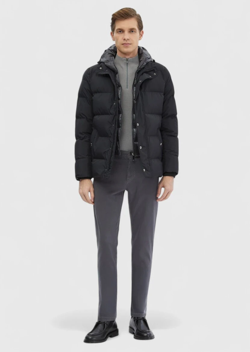 Siyah Regular Fit Kapüşonlu Casual Dokuma Mont - 2