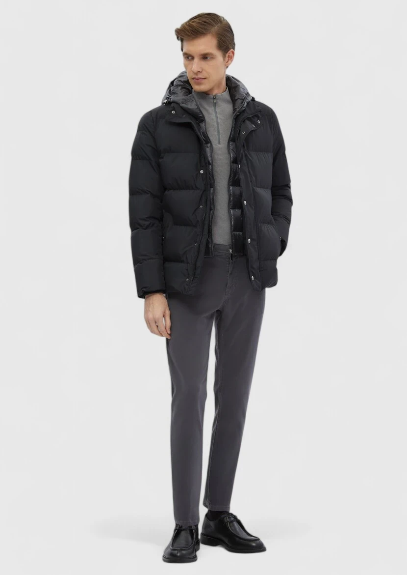 Siyah Regular Fit Kapüşonlu Casual Dokuma Mont - 4